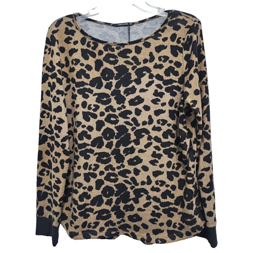 Pink Clover Womens BOHO Top Large Brown Animal Print Back Button Long Sleeve